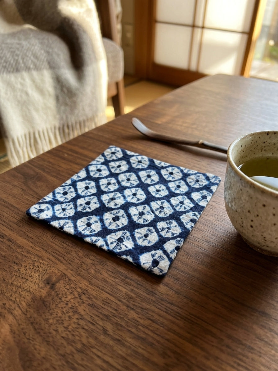 Arimatsu Shibori Indigo Coaster - Geometric White Pattern - Arimatsu shibori hand-dyed cotton coaster, indigo/white geometric