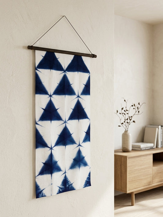 Arimatsu Shibori Tapestry - Indigo Geometric - Arimatsu shibori hand-dyed cotton tapestry, indigo/white geometric
