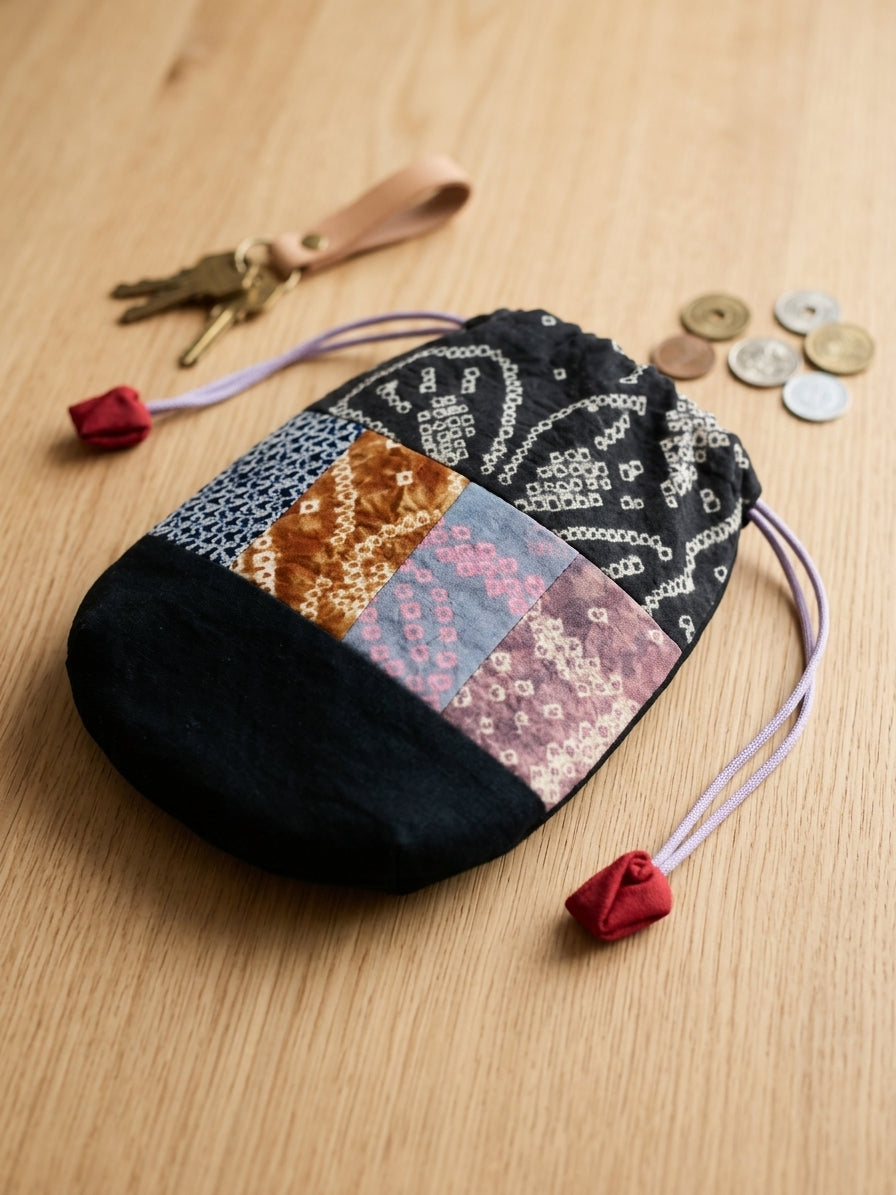 Arimatsu Shibori Drawstring Pouch - Patchwork - Arimatsu shibori hand-dyed cotton pouch, black multi patchwork